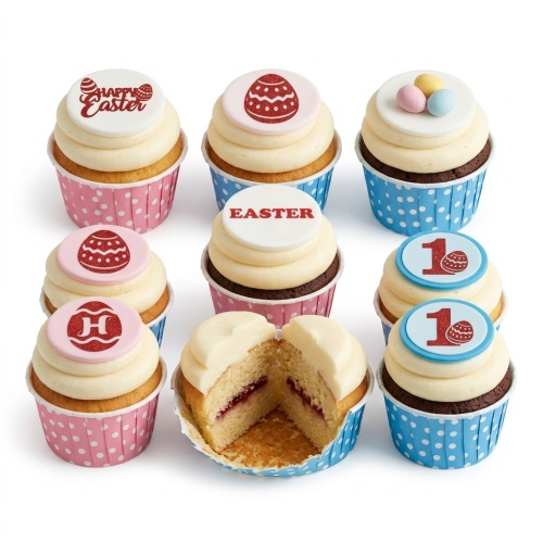 Easter cupcakes with white frosting, red glitter egg designs, 'Happy Easter' messages, and pastel mini eggs.