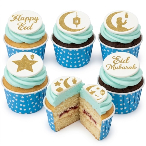 Cupcakes with light blue frosting, white and gold glitter Eid Mubarak, Happy Eid, crescent moon, star, and lantern toppers in blue polka dot wrappers.