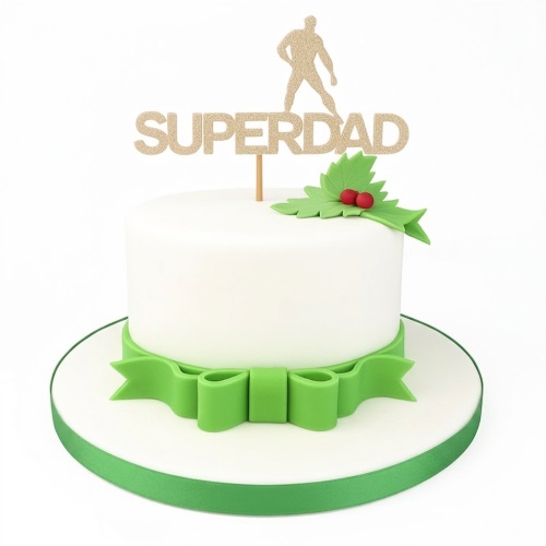 White fondant cake with green bow, holly leaves, and gold glitter Superdad topper.
