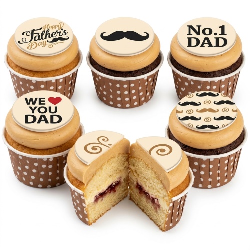 A set of Father's Day cupcakes with mustache and message toppers.