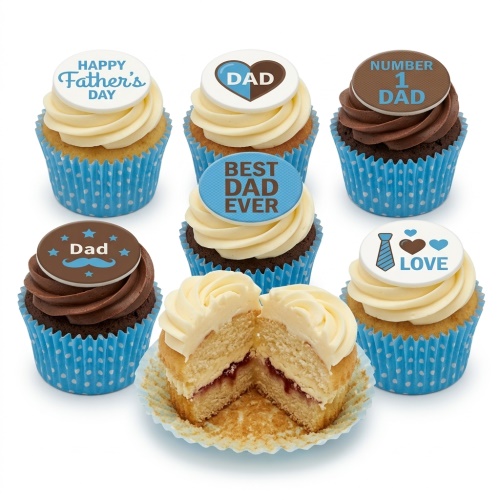 Selection of Father's Day cupcakes with blue and brown toppers. Messages include 'Happy Father's Day', 'BEST DAD EVER', 'NUMBER 1 DAD', and 'LOVE'.