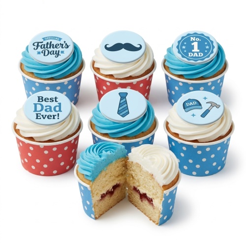 Assortment of Father's Day cupcakes with blue and white frosting and dad-themed toppers.