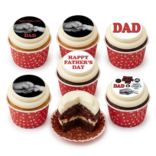 Father's Day cupcakes with 'DAD' and fist bump toppers on red polka dot cases.