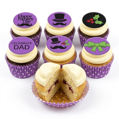 Father's Day cupcakes with purple wrappers, white frosting, and edible toppers featuring 'Happy Father's Day', 'CELEBRATE DAD', top hats, mustaches, bow ties, and holly.