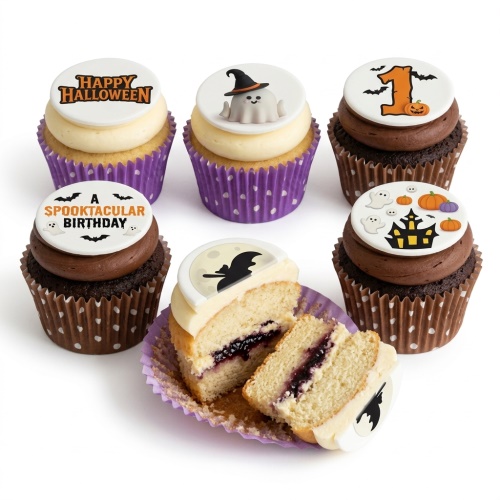 Halloween themed cupcakes with ghost, pumpkin, bat, and haunted house toppers, some with custom age.
