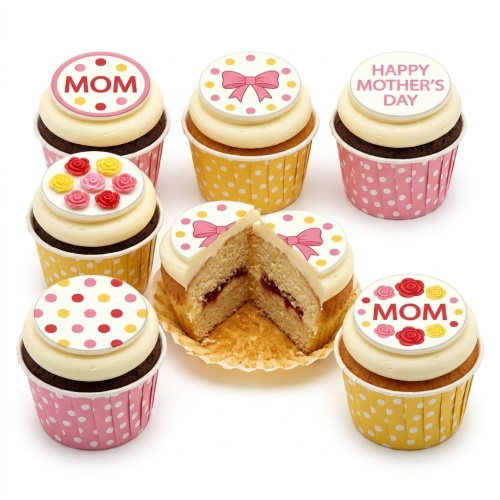 Mother's Day cupcakes with 'MOM' and 'Happy Mother's Day' toppers, pink bows, and small roses.