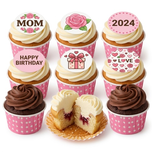 Selection of cupcakes with pink and white frosting, pink polka dot wrappers, and edible toppers featuring roses, hearts, a gift box, and messages like 'MOM', 'HAPPY BIRTHDAY', 'LOVE', and '2024'.