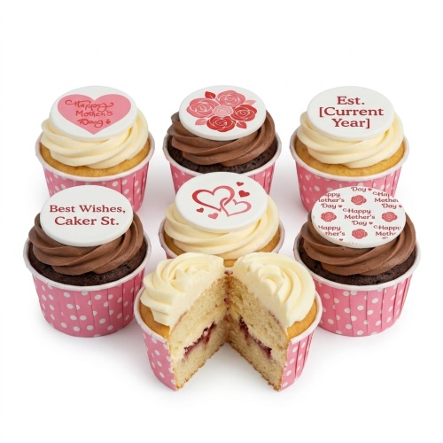 A selection of Mother's Day cupcakes with floral and heart toppers in pink polka dot cases.