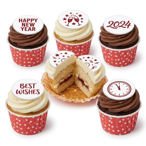New Year cupcakes with 'Happy New Year', '2024', 'Best Wishes', clock, and champagne glass edible toppers.