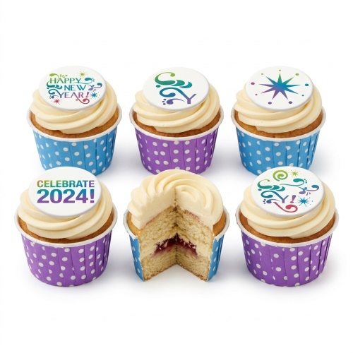 Six cupcakes with white frosting and edible New Year toppers. One cupcake is cut open revealing a jam filling. Cupcakes are in blue and purple polka dot cases.