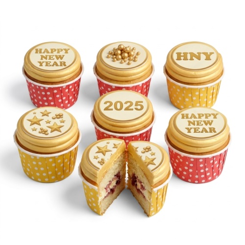 Seven New Year 2025 cupcakes with golden toppers, stars, and sprinkles in red and yellow polka dot wrappers.