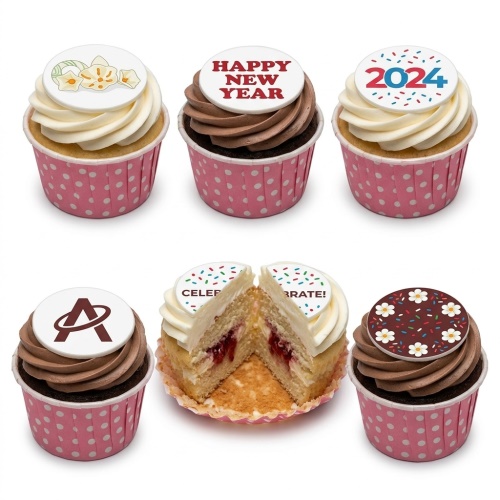 Assortment of personalised celebration cupcakes with custom toppers, sprinkles, and floral designs.