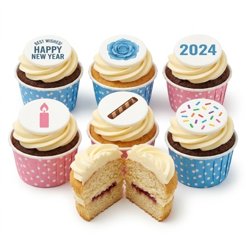 Assorted celebration cupcakes with white buttercream and customisable toppers including a rose, candle, and sprinkles.
