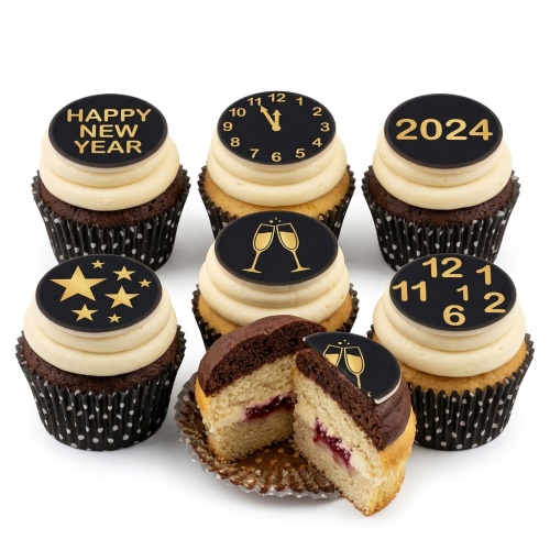 A selection of New Year themed cupcakes with black and gold toppers featuring 'HAPPY NEW YEAR', a clock, '2024', champagne glasses, and stars.