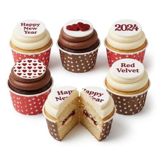 Cupcakes with white and brown frosting, topped with 'Happy New Year' messages and heart designs.