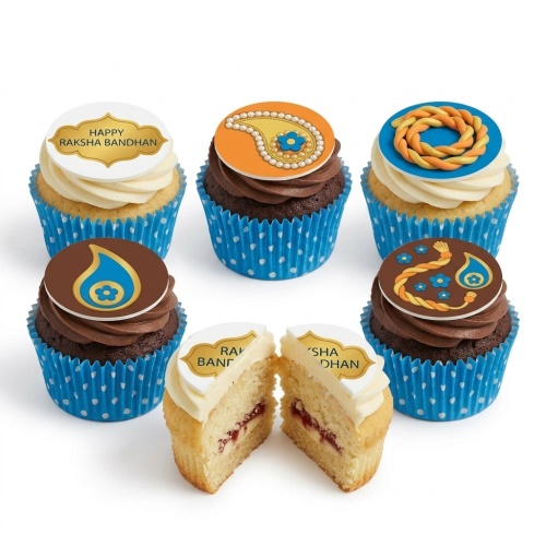 A set of Raksha Bandhan cupcakes with traditional Indian designs, including paisley and rakhi thread patterns, in blue polka dot wrappers.