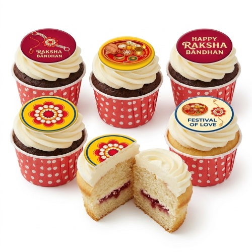 Raksha Bandhan cupcakes with Rakhi, thali, and Festival of Love edible toppers on white frosting.
