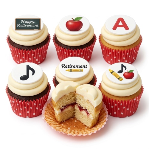 Retirement cupcakes with 'Happy Retirement' chalkboard, apple, letter A, musical note, and crayon toppers.