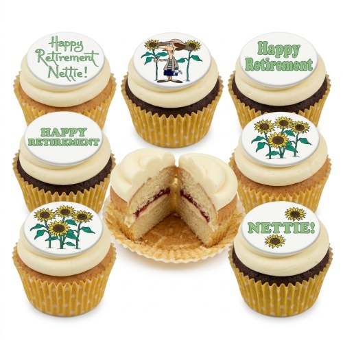 Happy Retirement cupcakes with sunflower designs and a cartoon woman topper.