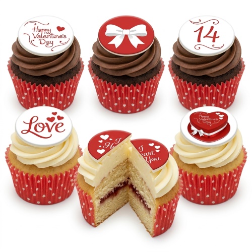 Six Valentine's Day cupcakes with red and white heart, bow, and 'Love' toppers in red polka dot cases.