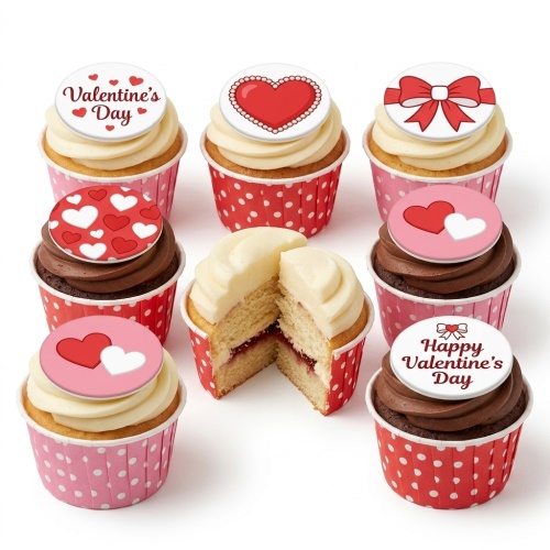 Assortment of Valentine's Day cupcakes with heart and bow toppers, in red and pink polka dot wrappers.