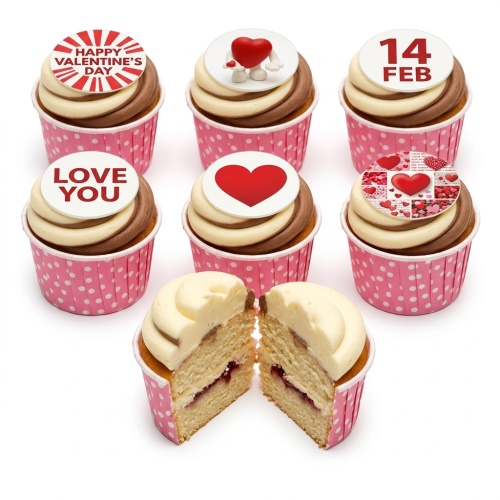 Six Valentine's Day cupcakes with red and white heart-themed toppers and pink polka dot cases.