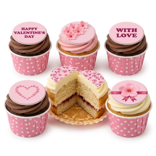 Pink and brown Valentine's Day cupcakes with floral and message toppers.