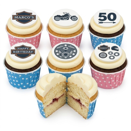 Set of motorcycle theme birthday cupcakes with custom age and biker designs.