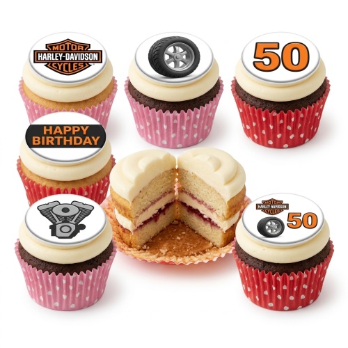 Harley Davidson themed cupcakes with motorcycle, engine, and logo toppers, plus a 'Happy Birthday' message and custom age.