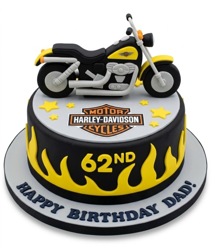 Harley Davidson style motorcycle birthday cake with yellow flames and custom age option.