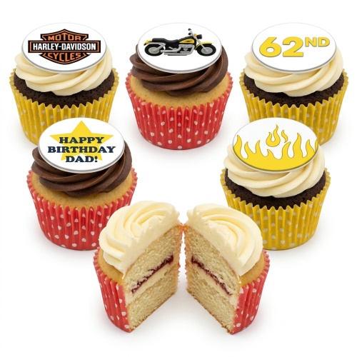 Harley Davidson themed birthday cupcakes with motorcycle, logo, flames, and custom age topper.