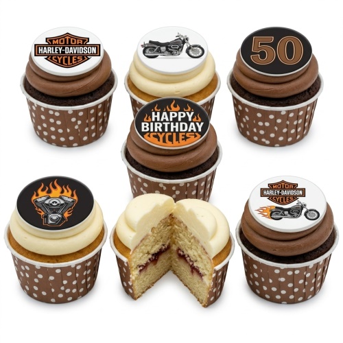 Cupcakes with Harley Davidson logo, motorcycle, engine, and 'Happy Birthday Cycles' toppers, including a custom age topper.