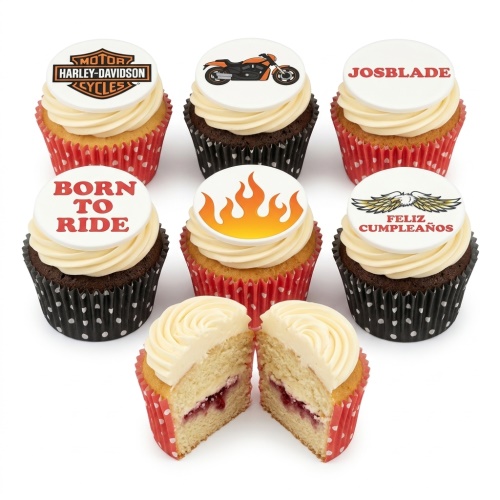 Harley Davidson themed cupcakes with motorbike, flames, and "Born to Ride" toppers.