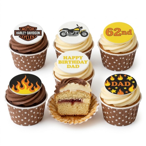 Six Harley-Davidson and motorcycle themed cupcakes with flame designs, some with custom age and message toppers.