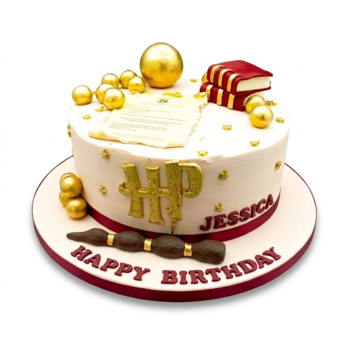 Round white Harry Potter theme cake with gold HP logo, golden spheres, scroll, books, and broomstick.