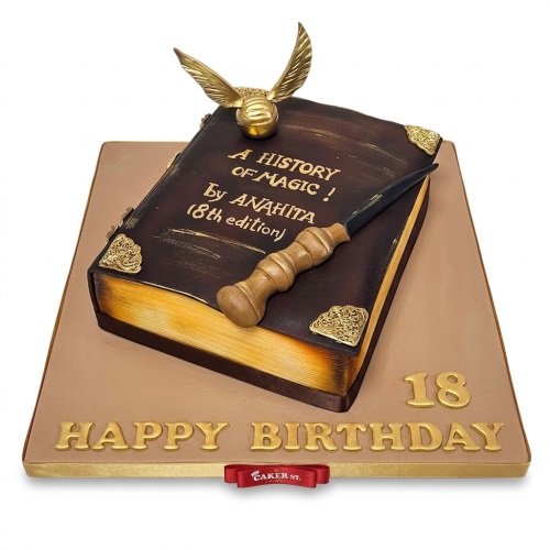 Brown magic book cake with golden snitch, wand, and custom age topper.