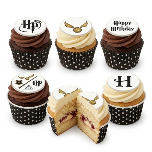 Harry Potter themed cupcakes with chocolate and vanilla frosting, featuring HP logo, Golden Snitch, and Happy Birthday toppers.