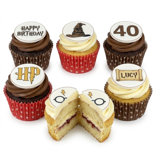 Harry Potter themed cupcakes with Sorting Hat, HP logo, and lightning bolt glasses toppers.