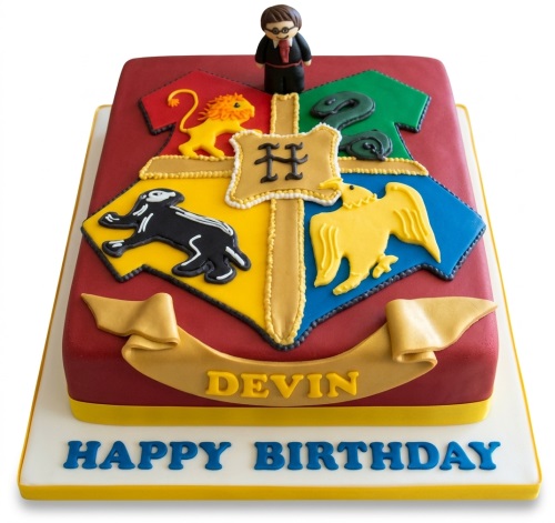 Rectangular red fondant cake with Hogwarts crest and Harry Potter figure, personalised with a name.