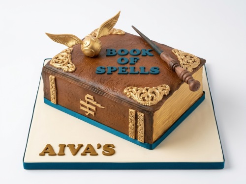 Brown book-shaped Harry Potter birthday cake with golden snitch, wand, and "Book of Spells" text.