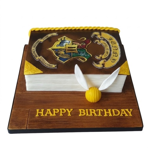 Harry Potter Hogwarts book shaped birthday cake with crest, golden snitch, and 'Happy Birthday' message.