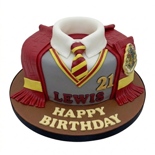 Harry Potter theme birthday cake with wizarding uniform, scarf, and custom age and name.