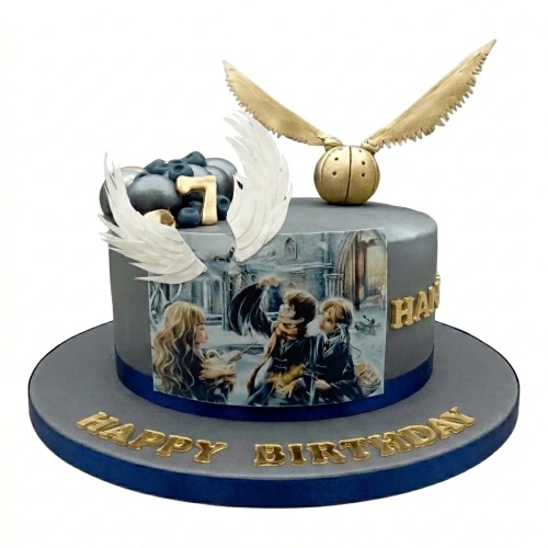 Round grey Harry Potter themed birthday cake with Golden Snitch, character image, white wings, and custom age topper.
