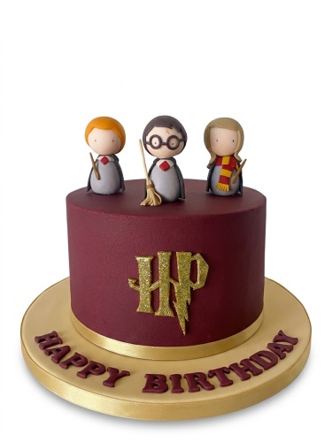 Round burgundy Harry Potter theme birthday cake with character figurines and gold HP logo.