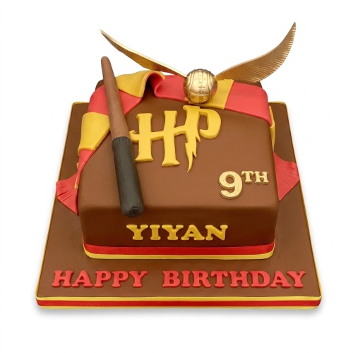 Brown Harry Potter themed birthday cake with Golden Snitch, wand, HP logo, custom age, and personalised name.