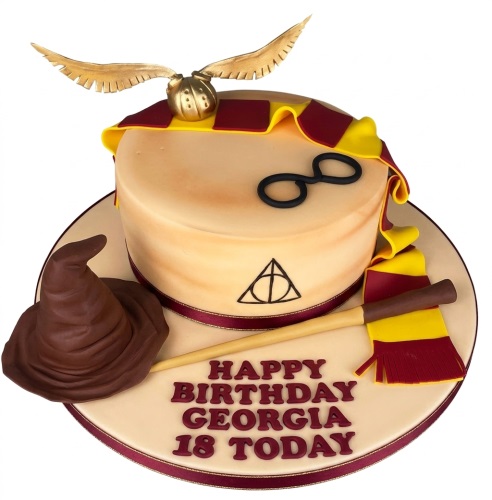 Round Harry Potter theme birthday cake with Golden Snitch, Sorting Hat, wand, scarf, glasses, and Deathly Hallows symbol.