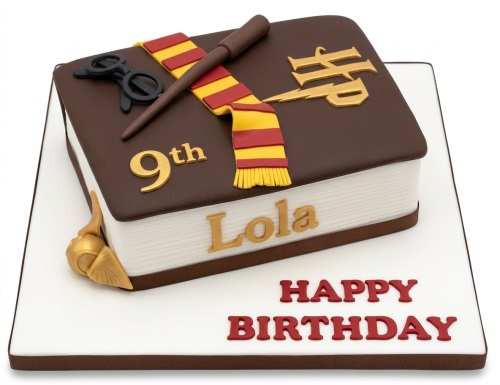 Harry Potter theme birthday cake shaped like a book with glasses, wand, scarf, golden snitch, and custom age.