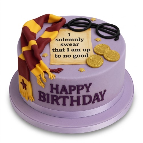 Round purple Harry Potter theme birthday cake with red and gold scarf, black glasses, gold coins, and a scroll with 'I solemnly swear that I am up to no good' text.
