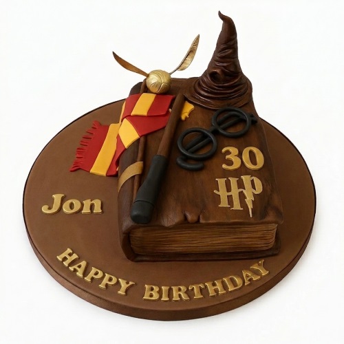 Harry Potter themed birthday cake shaped like a book with Sorting Hat, Golden Snitch, wand, glasses, and custom age.