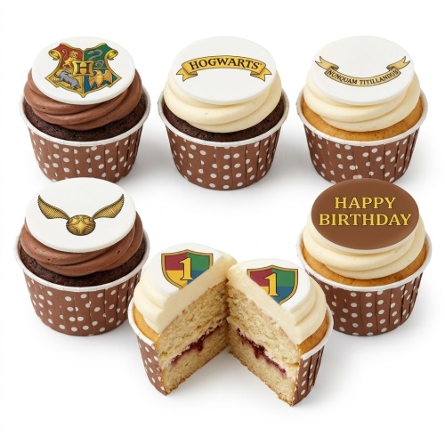 Harry Potter themed cupcakes with Hogwarts crest, Hogwarts banner, Golden Snitch, and a 'Happy Birthday' message.
